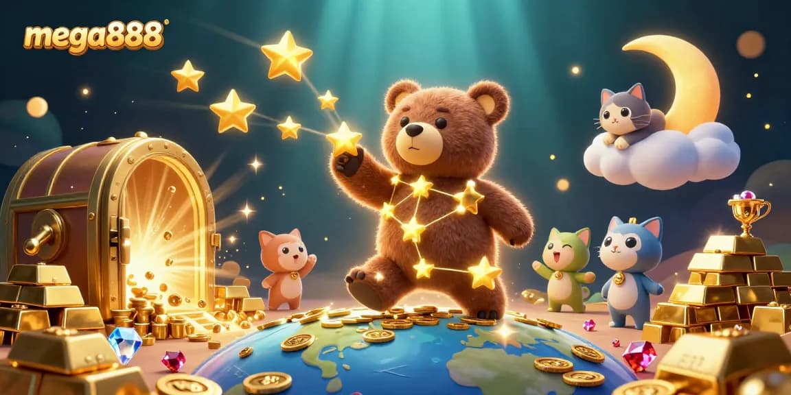 Engage with mega888 for thrilling jackpot gaming as cartoon characters cheer amidst golden treasures.