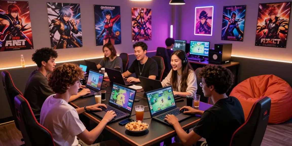 Group of friends enjoying free porn games in a vibrant gaming lounge with snacks and neon lights.