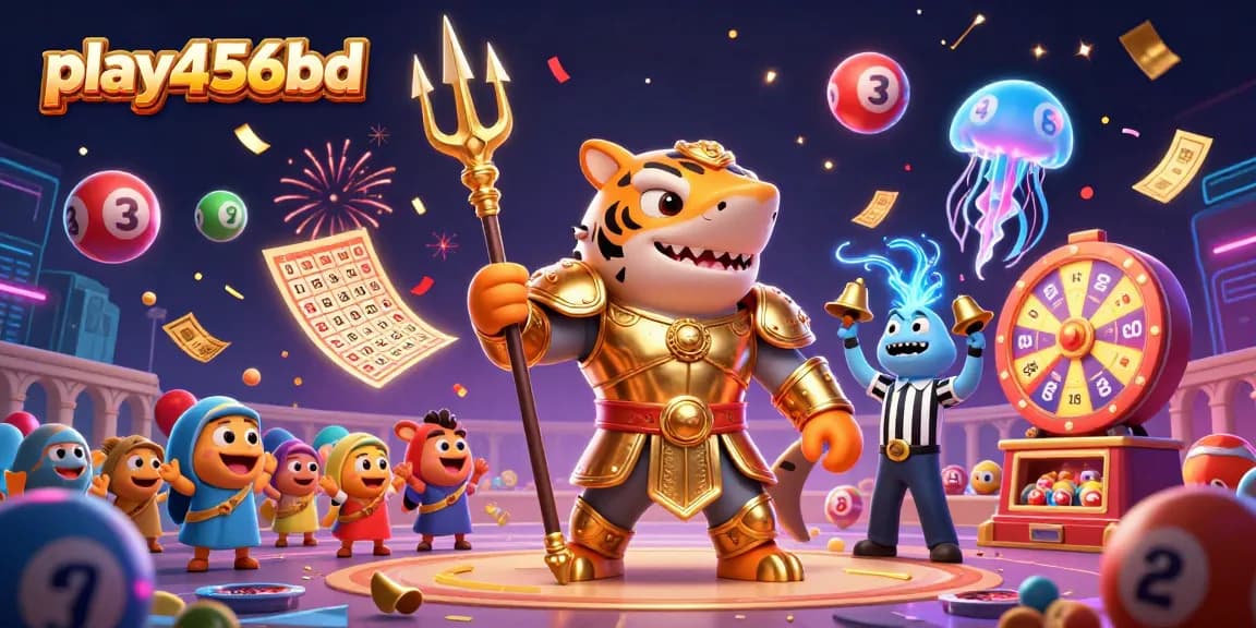 Engage with play456bd's thrilling underwater casino, featuring a golden shark gladiator and dynamic lottery elements.