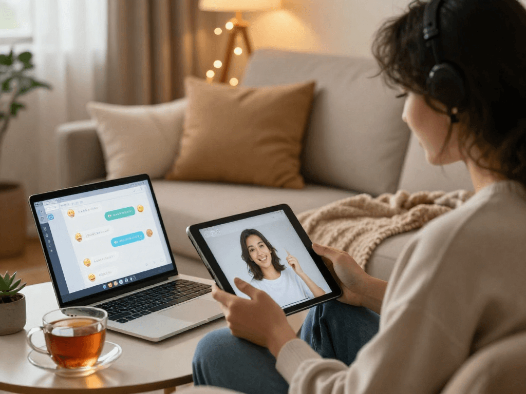 Engaging in a cozy chat with AI, showcasing the sex chat ai experience in a warm, inviting home setting.
