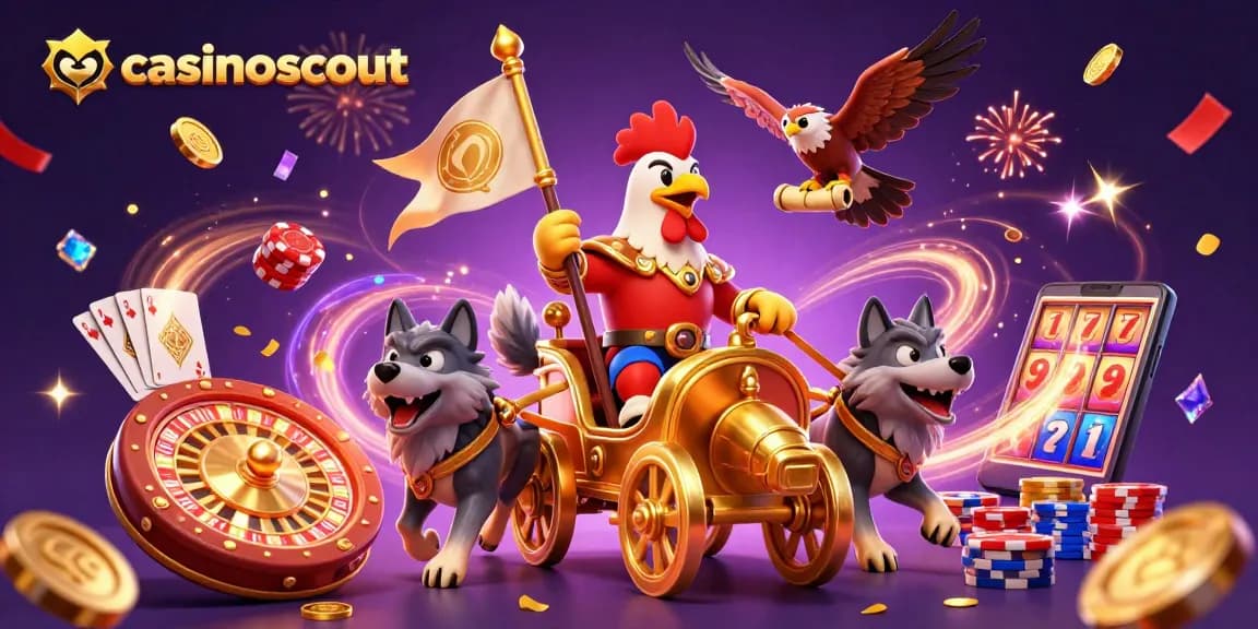 casinoscout showcases a 3D rooster warlord leading a grand casino scene filled with games and riches.
