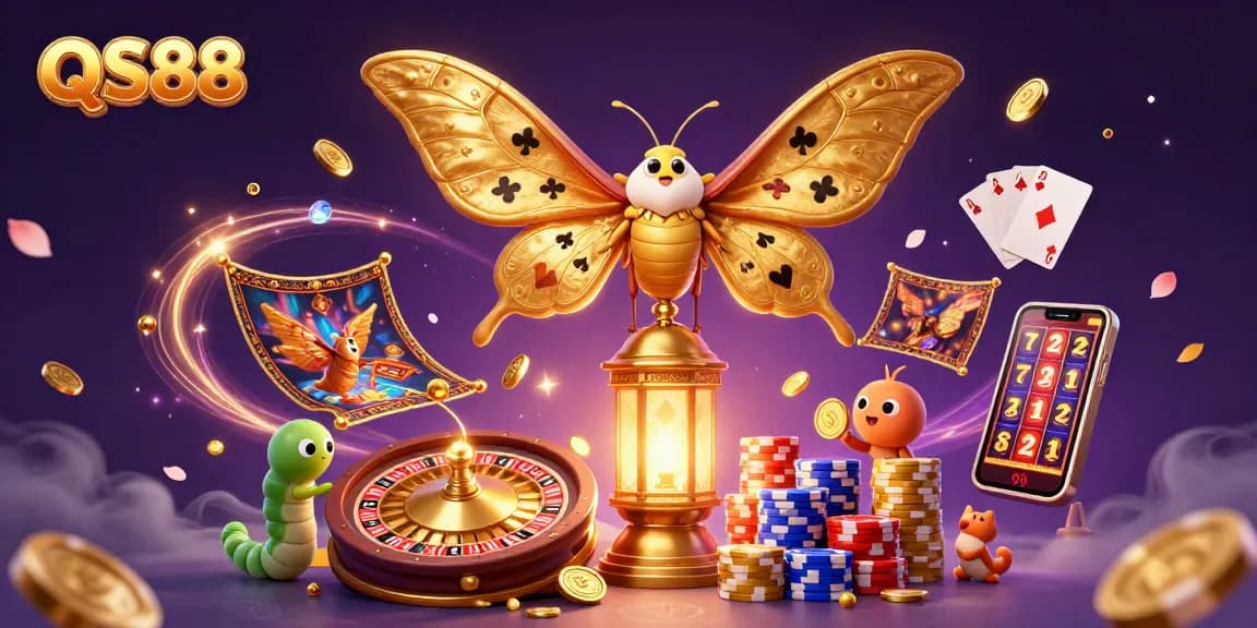 Experience thrilling games at QS88 with a stunning 3D scene showcasing a golden atlas moth and casino elements.