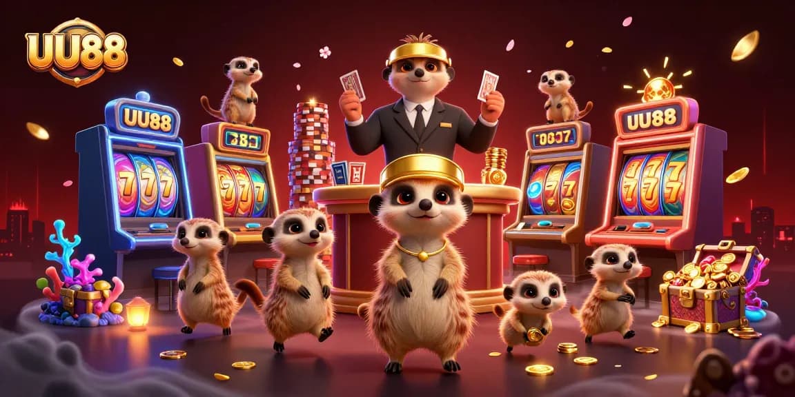 UU88 slots scene packed with meerkats running a casino, spinning reels, and vibrant visuals.