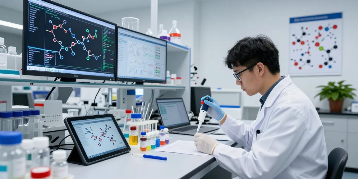 Scientist analyzing research peptides from Koi Aminos in a high-tech laboratory, showcasing vials and data analytics.