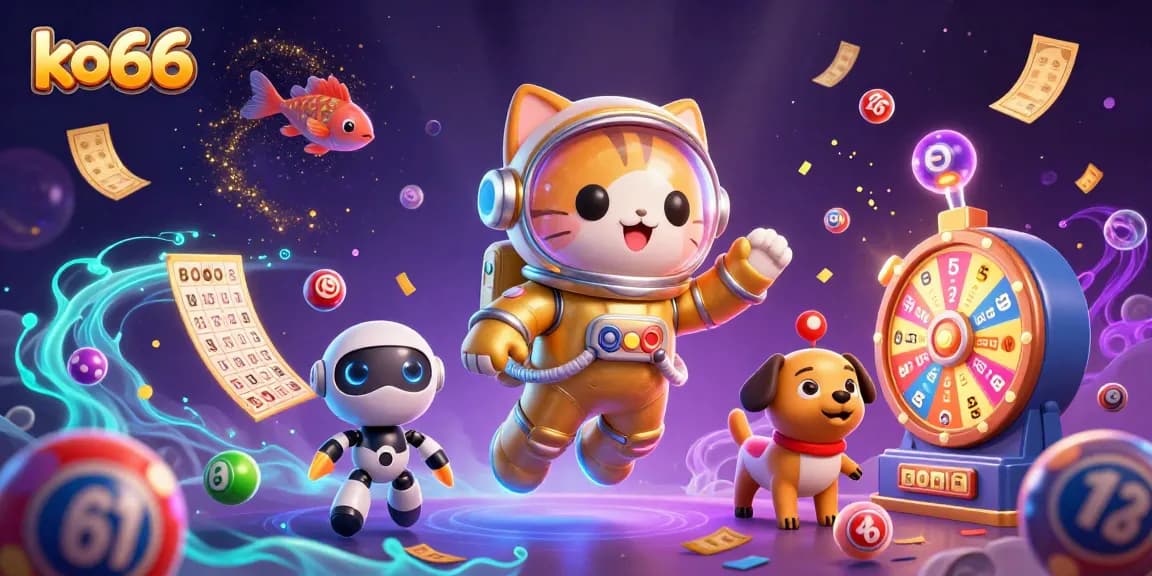 Experience the excitement of ko66 with colorful lottery balls and vibrant prizes swirling around a cosmic scene.