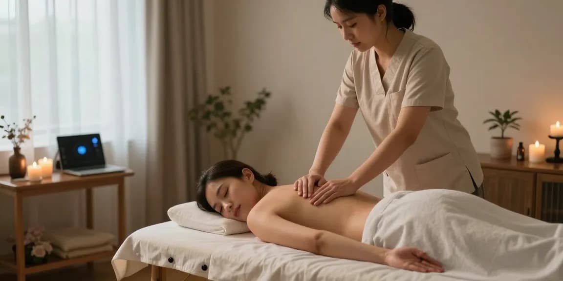 Enjoying a peaceful 광명출장안마 session at home with a professional therapist surrounded by calming elements.