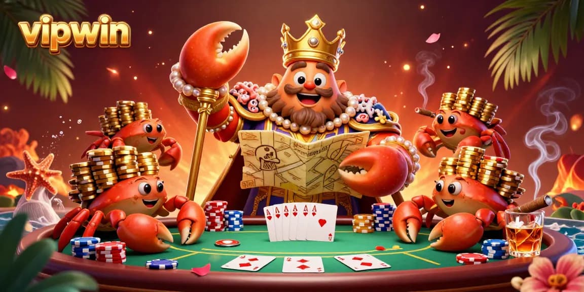 Engage with vipwin at this vibrant gaming scene, featuring a golden crab emperor directing the action.