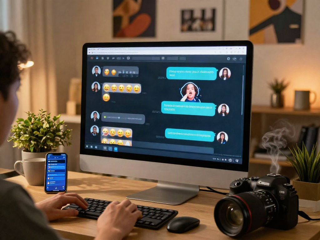 Engaging spicy chat on a computer screen in a cozy home office setting with lively emoji interactions.