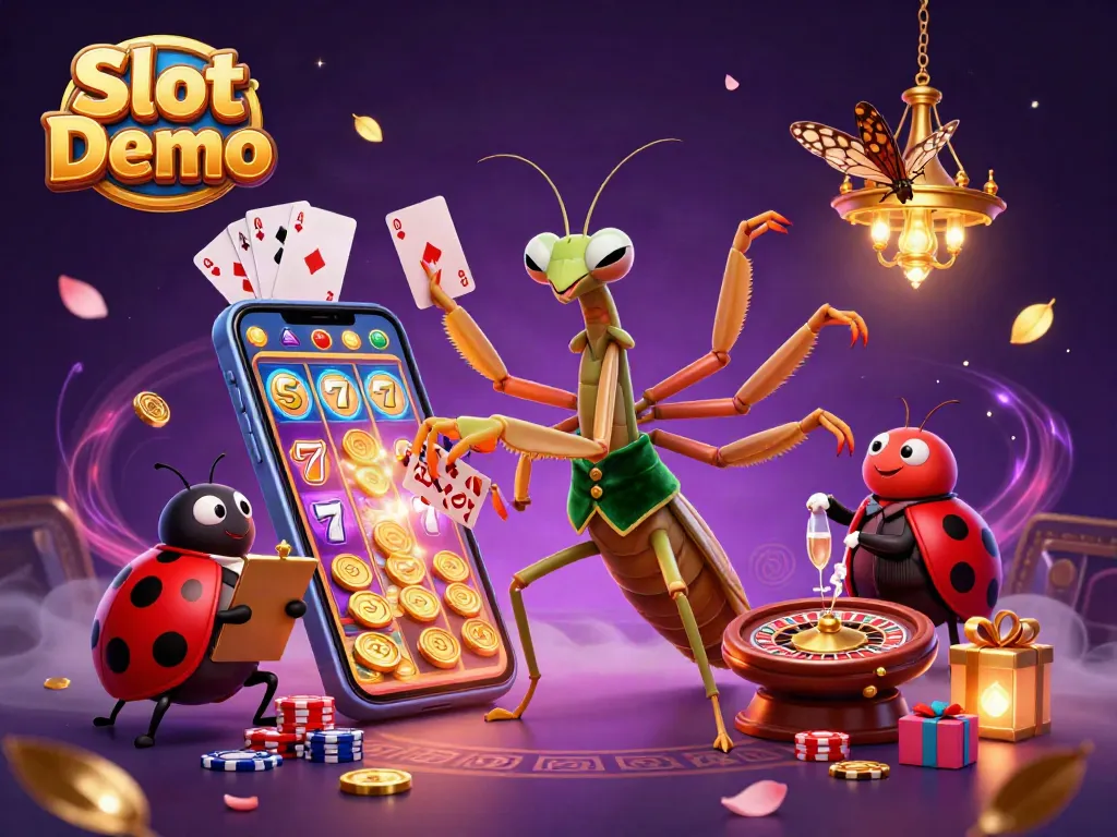 Experience the thrill with Slot Demo as a giant praying mantis card sharp deals cards and pours champagne.