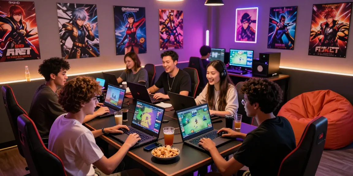 Group of friends enjoying free porn games in a vibrant gaming lounge with snacks and neon lights.