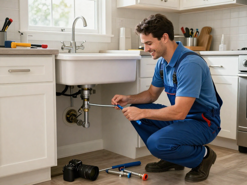 Professional drain cleaning Fort Worth service in action, plumber using drain snake in residential setting.