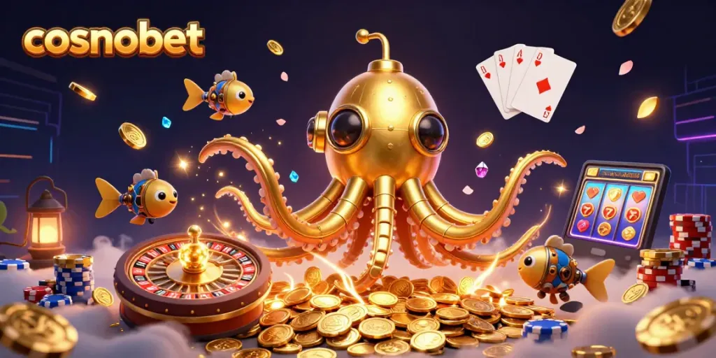 Experience the thrill of cosmobet with a vibrant 3D casino scene featuring golden treasures and games.