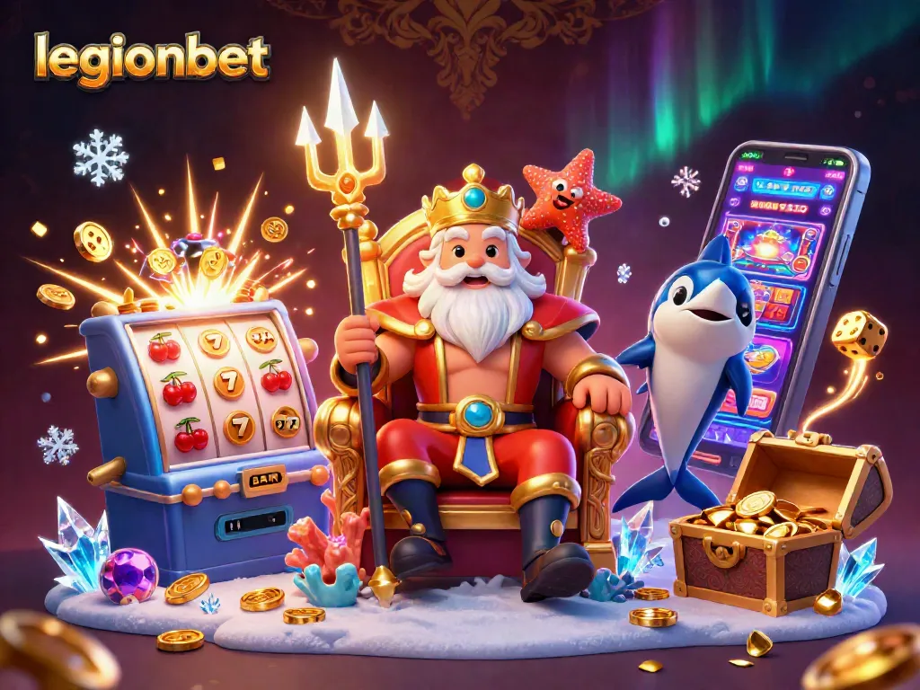 Experience excitement at legionbet with a thrilling 3D casino illustration showcasing Neptune and vibrant game elements.