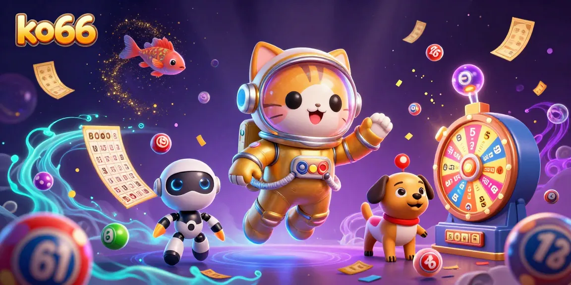 Experience the excitement of ko66 with colorful lottery balls and vibrant prizes swirling around a cosmic scene.