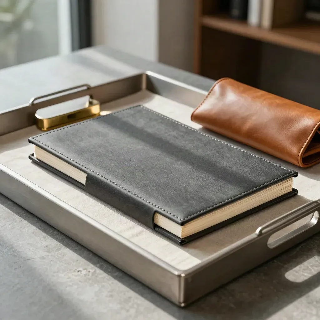 Charcoal deal dossier in a linen tray beside leather and brass, lit by soft daylight.