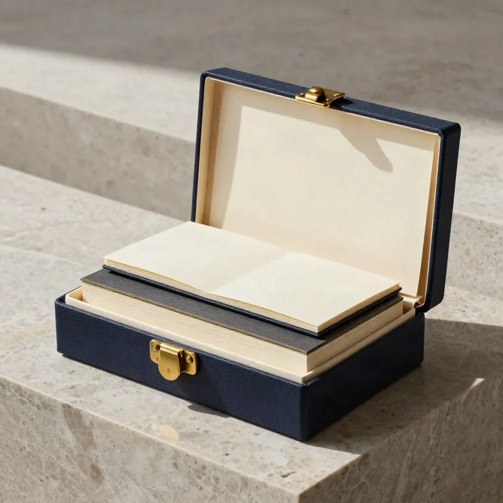 Open navy presentation box with brass clasp and matching note cards on limestone.