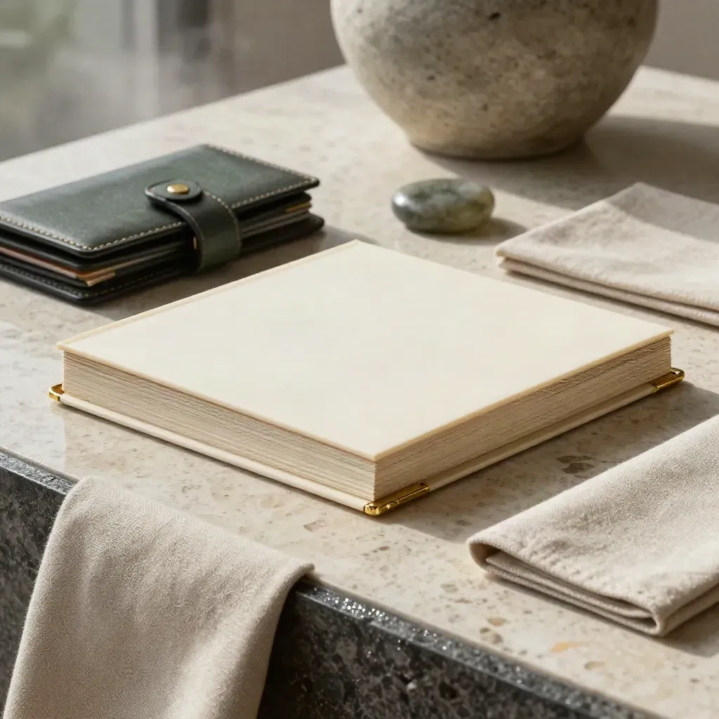 Ivory portfolio review folio with brass cards, leather case, stone weight and linen sleeve on pale stone.