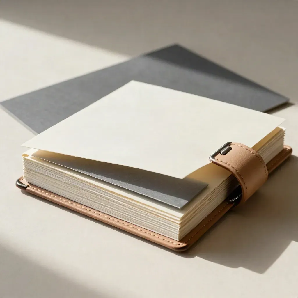 Half-open portfolio folio on ivory paper with slate accents and a diagonal shadow
