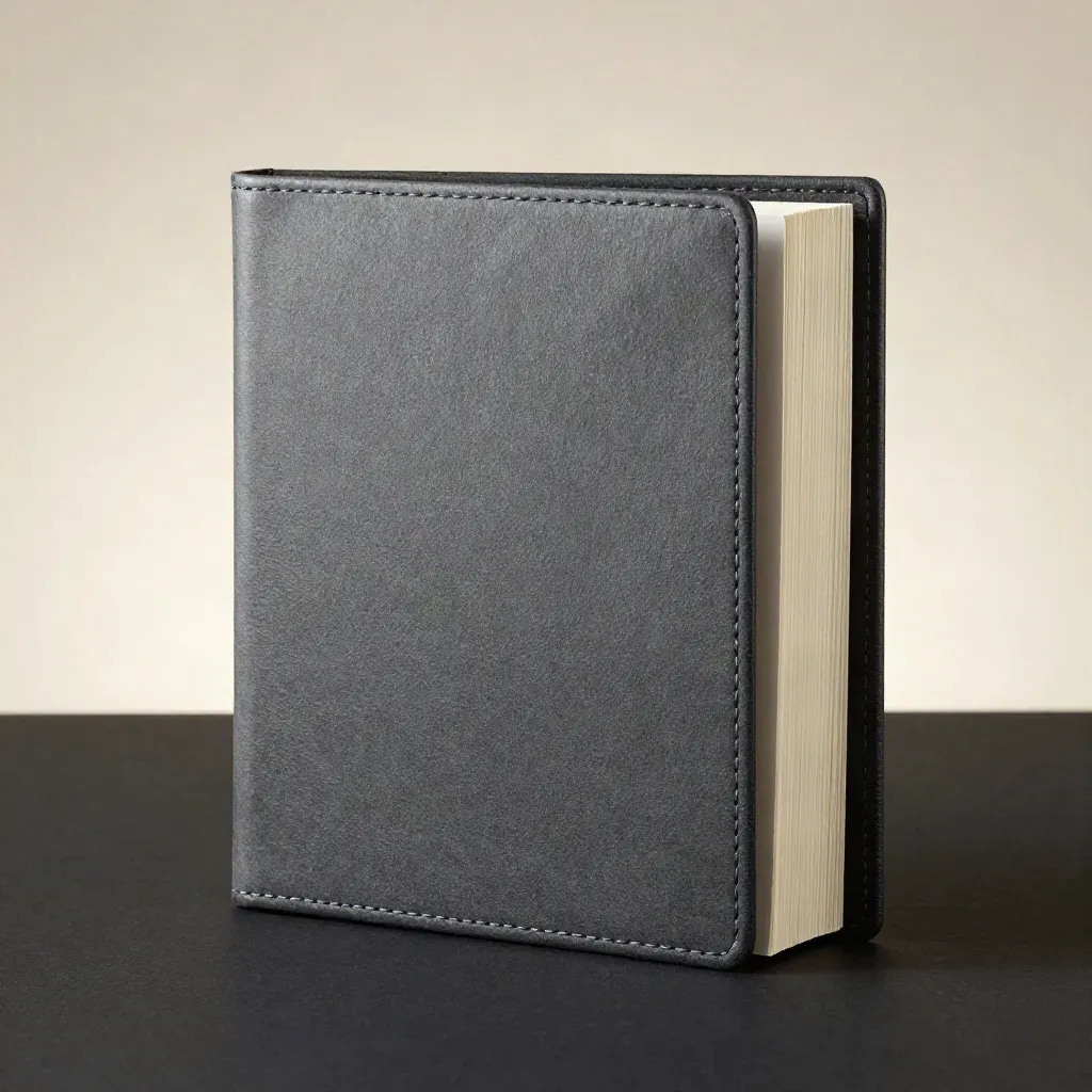 Slate wealth binder standing on a matte-black surface against a soft ivory backdrop.