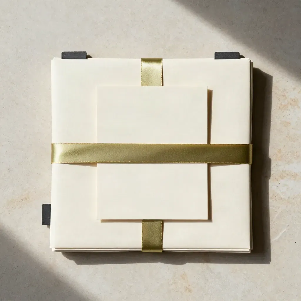 Overhead flatlay of ivory finance boards, slate tabs and a gold ribbon on pale stone.