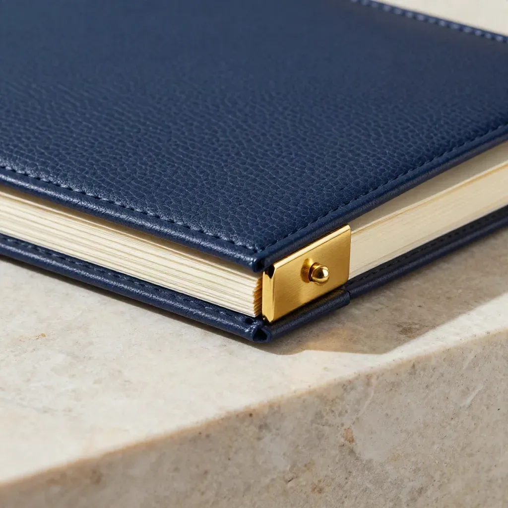 Navy folio with brass clasp sliding off a pale stone ledge, close macro view.