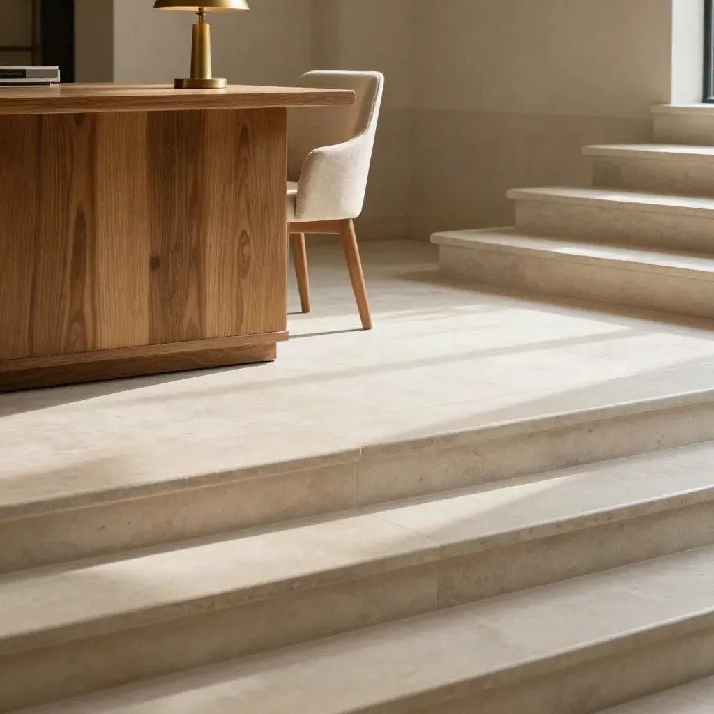 Sunlit limestone stair landing with oak console, linen chair and brass lamp, calm copy space below.