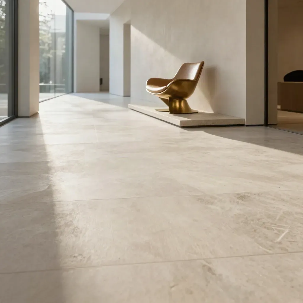 Private banking gallery corridor with pale stone floor, brass chair and bright glass opening