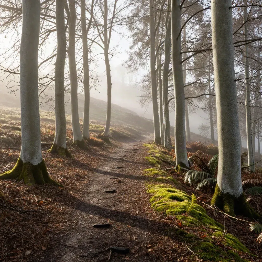 Misty beech woodland path with pale trunks and a hazy hillside beyond.