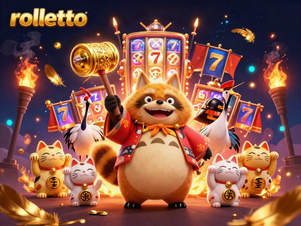 Experience rolletto thrills with a cheerful tanuki celebrating big wins in vibrant casino action.