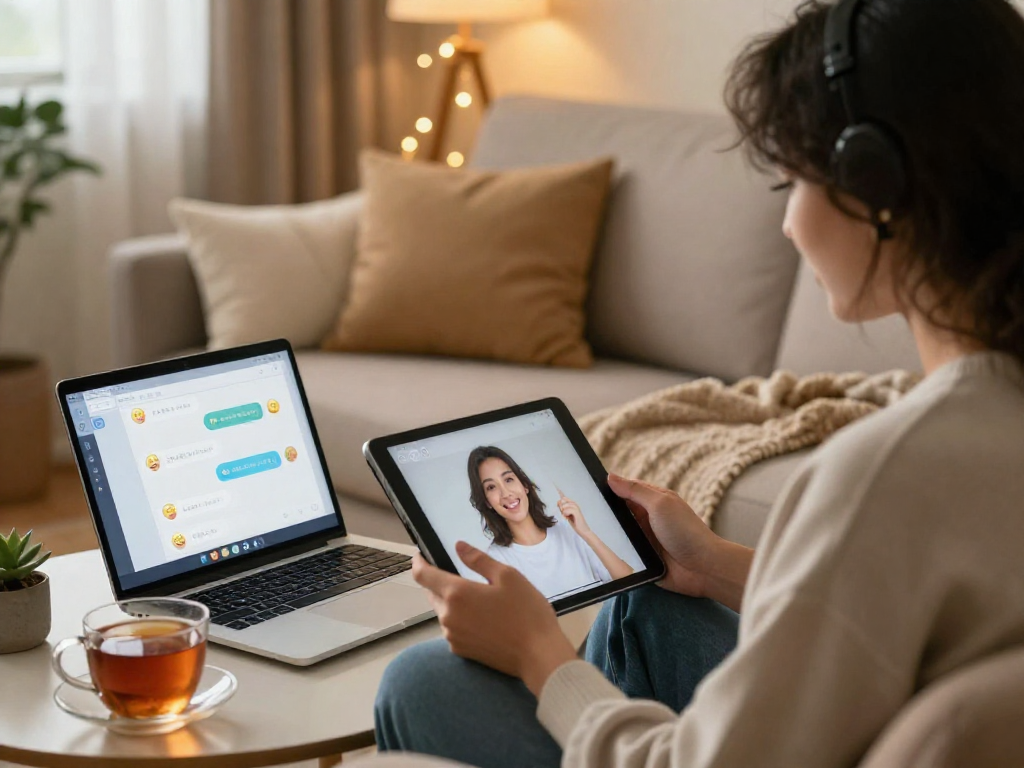 Engaging in a cozy chat with AI, showcasing the sex chat ai experience in a warm, inviting home setting.
