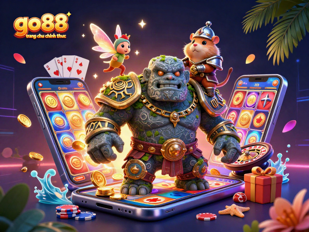 Explore go88 trang chu chinh thuc with an enchanting illustration featuring a golem, fairy, and hamster knight amidst casino elements.