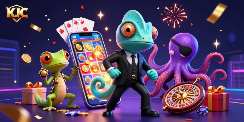 Spin to win with KJC's thrilling 3D cartoon casino scene featuring vibrant slots and colorful characters.