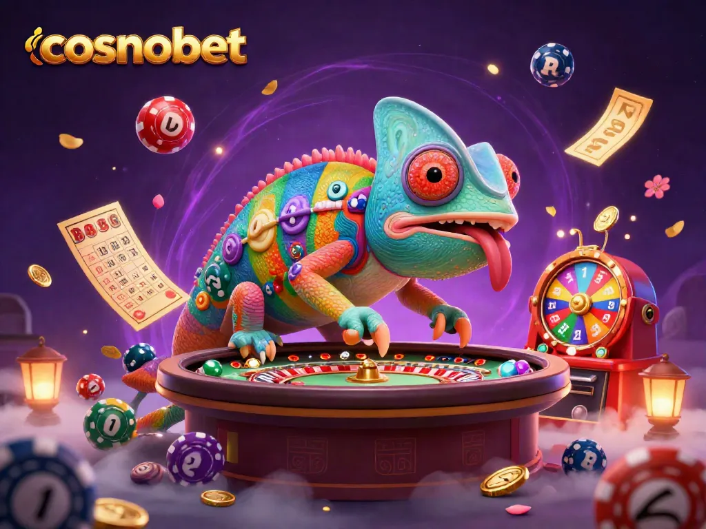 Experience the thrilling cosmobet casino scene with vibrant games and the chameleon owner collecting golden coins.
