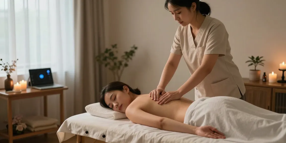 Enjoying a peaceful 광명출장안마 session at home with a professional therapist surrounded by calming elements.