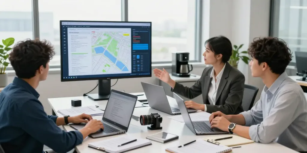 Engaging OSINT investigation team analyzing data in a modern office setting.