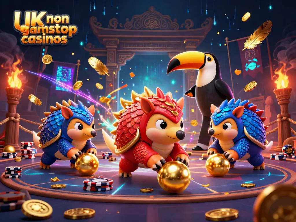 Playfully bowling in a casino scene, rival pangolins compete in an engaging match showcasing UK non gamstop casinos.