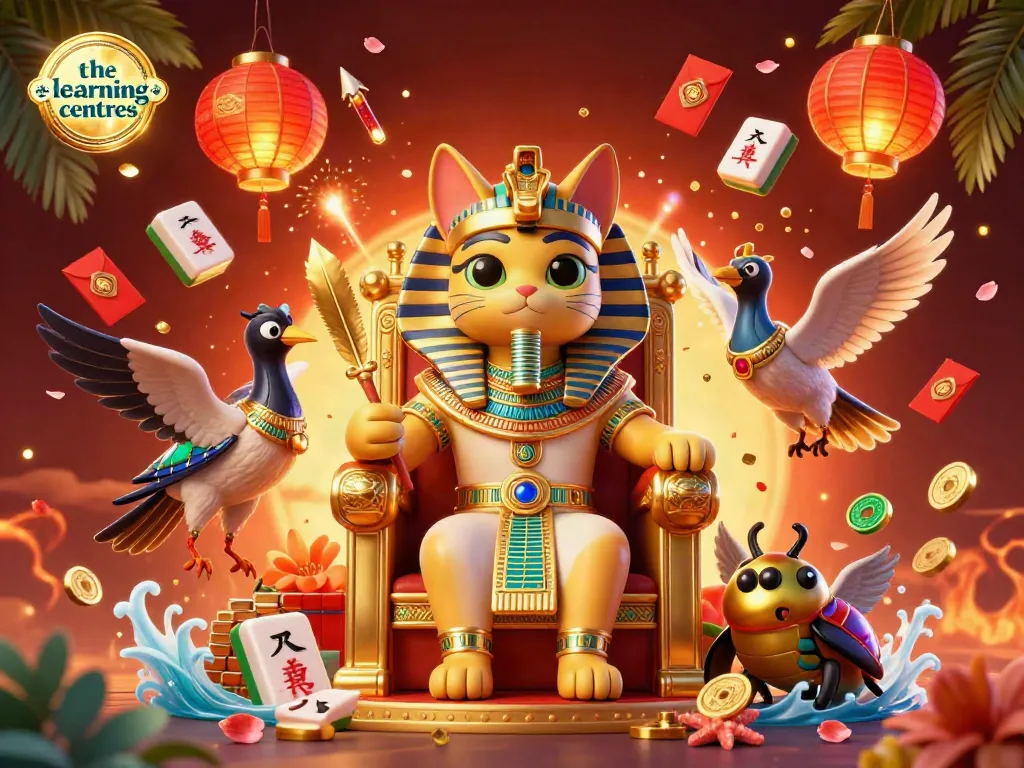 The learning centres showcase a vibrant 3D scene with an Egyptian pharaoh cat and gaming elements, capturing excitement.