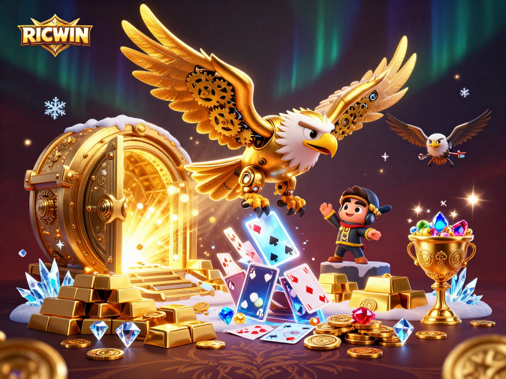 Experience the thrill of winning with RICWIN in an exhilarating 3D casino scene featuring a golden eagle.