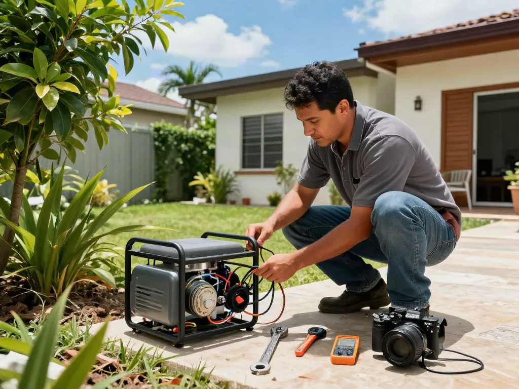 Instalación de plantas eléctricas Venezuela en un entorno residencial, mostrando un técnico trabajando con herramientas.
