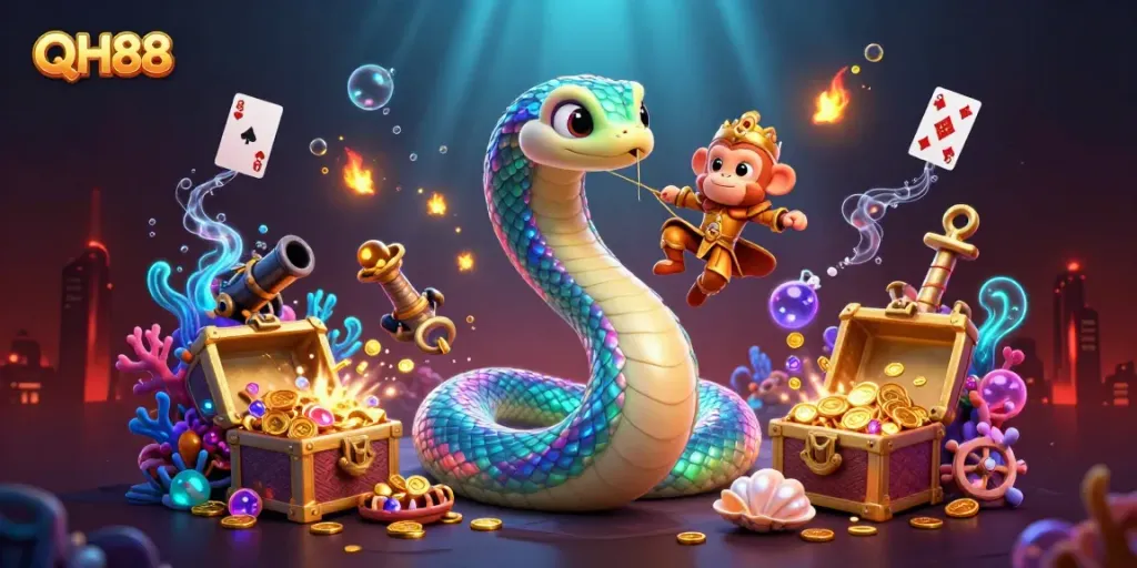 Experience the vibrant QH88 gaming world with a dynamic scene featuring fantasy elements and treasures.
