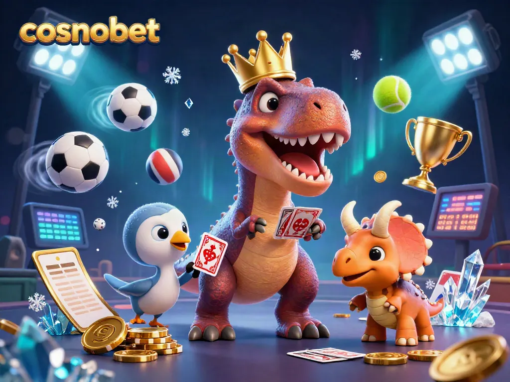 Experience thrilling gaming dynamics with cosmobet's lively T-Rex and friends in a vibrant casino scene.