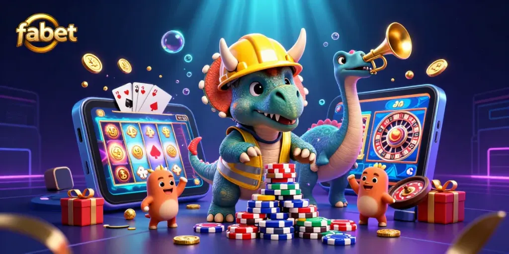 Engage in the fabet gaming experience with vibrant characters building poker chip pyramids and enjoying online casino action.