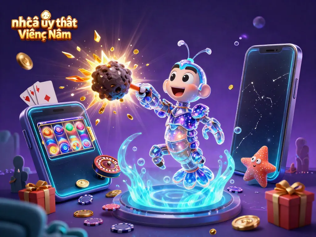 Visualize the excitement of nhà cái uy tín nhất Việt Nam with a galactic samurai shrimp amid exploding gems and coins