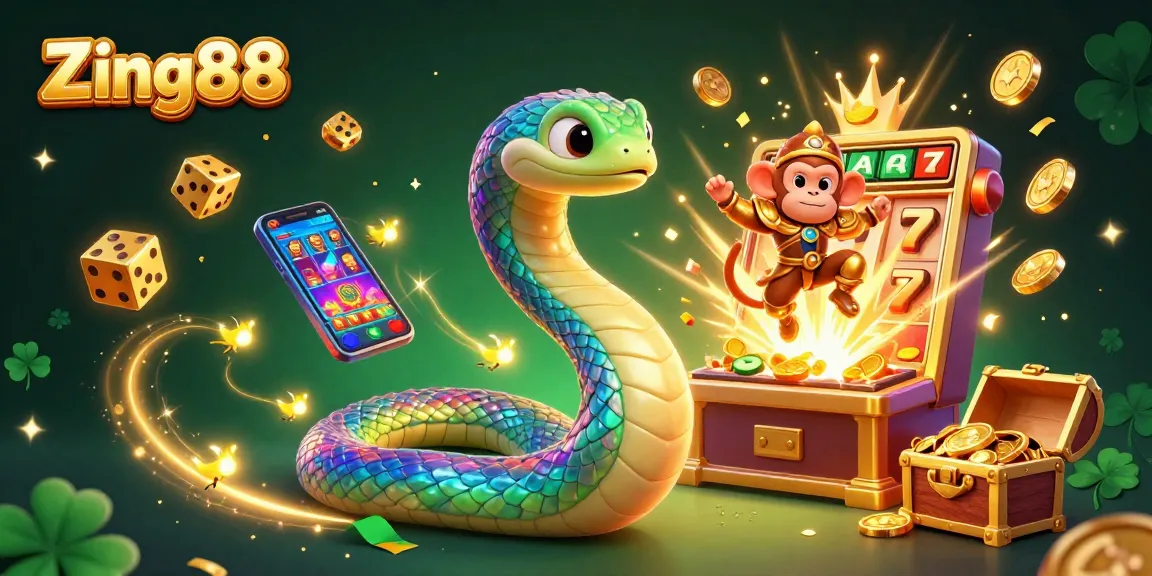 Zing88 showcases captivating gameplay with a rainbow serpent and monkey king amid a jackpot explosion in a vibrant casino scene.