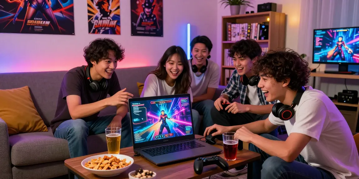 Friends enjoying mind control hentai games together in a cozy living room setting.