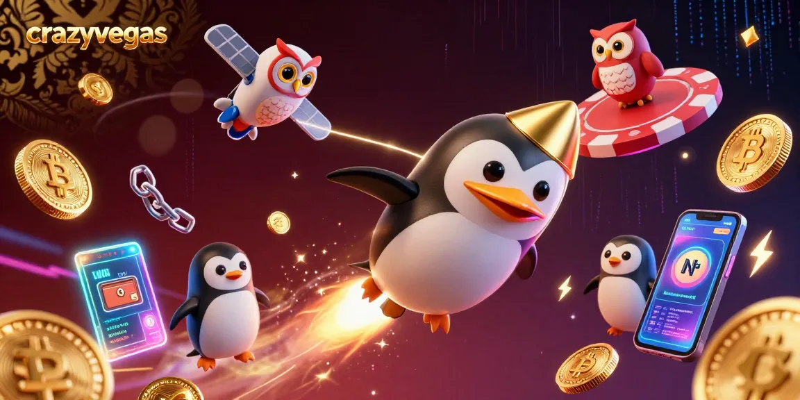 Experience the thrill of crazyvegas with a golden penguin rocket blasting towards a cosmic casino!