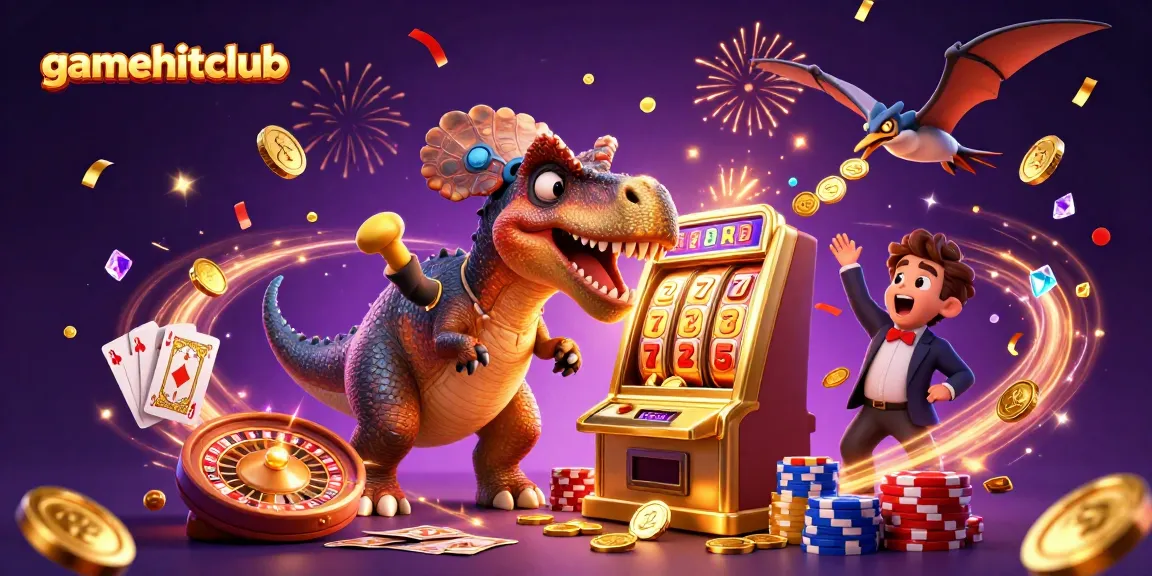 gamehitclub's exciting scene of dinosaurs at a casino winning with slot machines and golden coins flying