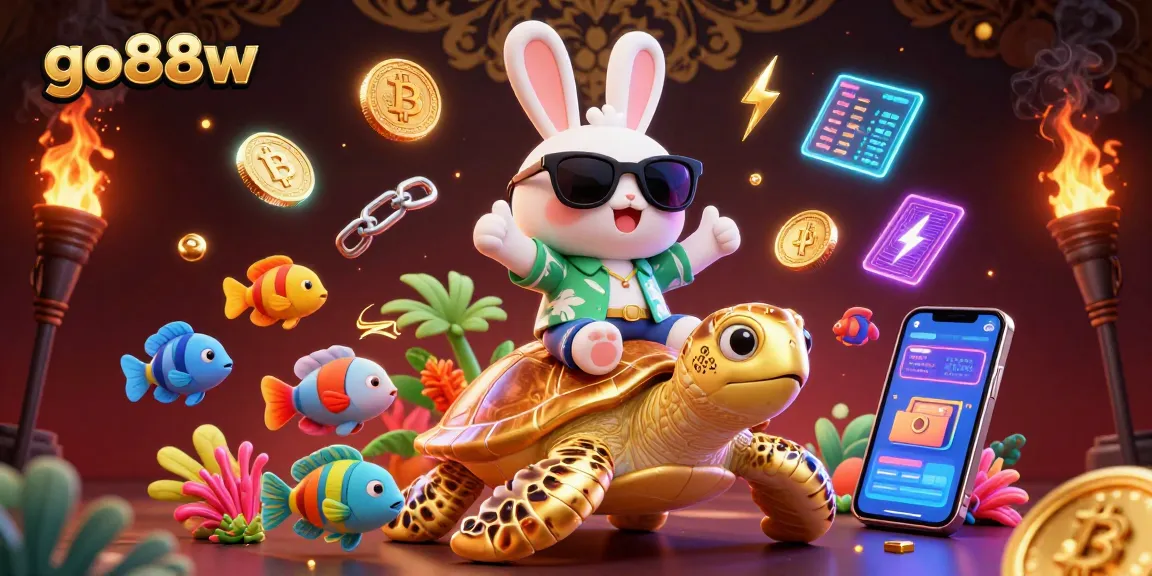Engage with go88w's vibrant casino world as a lucky rabbit and golden turtle celebrate with crypto coins.